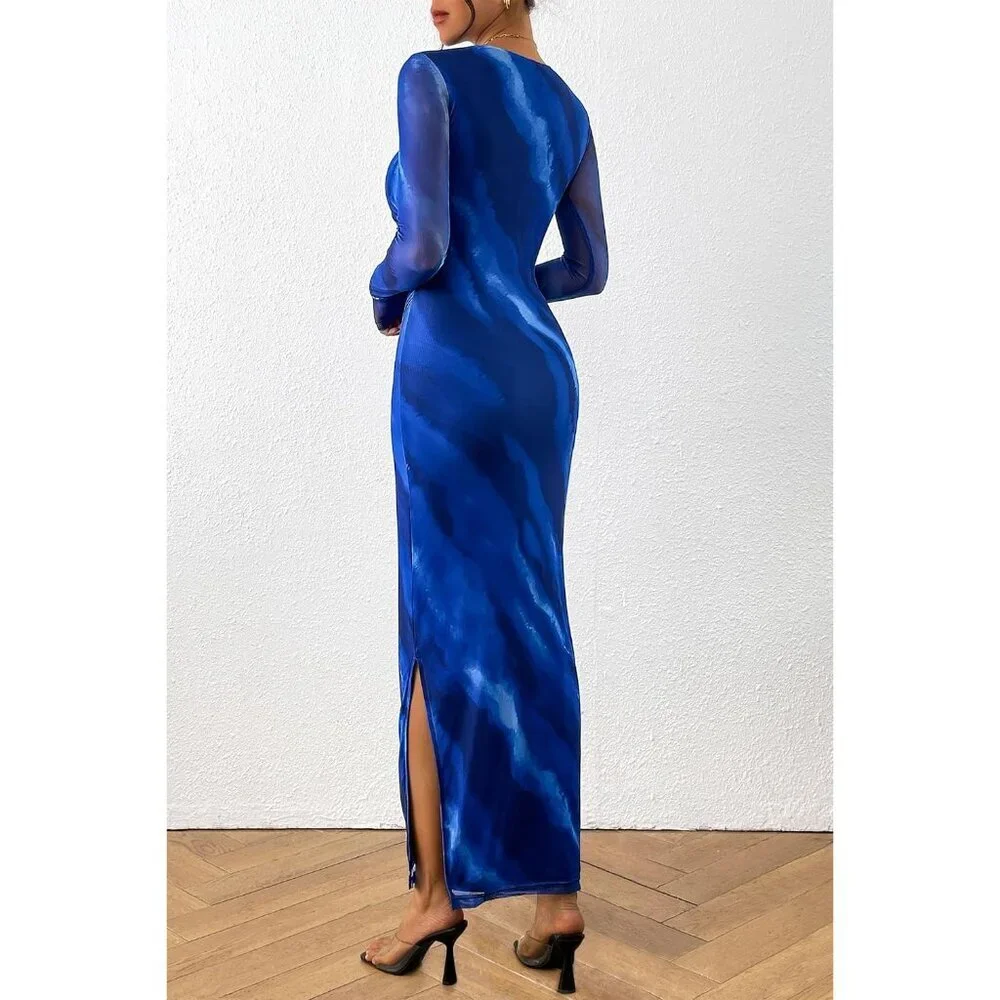 Women's Blue Watercolour Long Sleeve Floral Print Tight Fitted Bodycon Maxi Dres